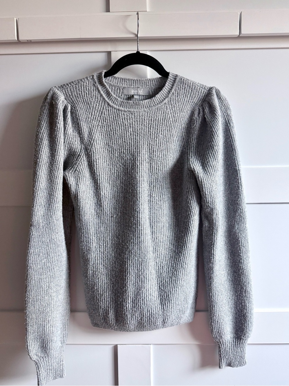 Marled Light Gray Ribbed Crew Sweater with Puff Sleeves
